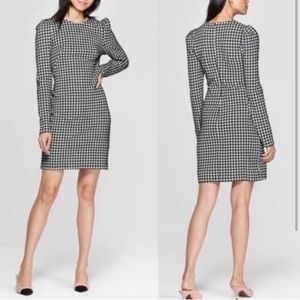 Who What Wear Houndstooth Puff Shoulder Sleeve Dress